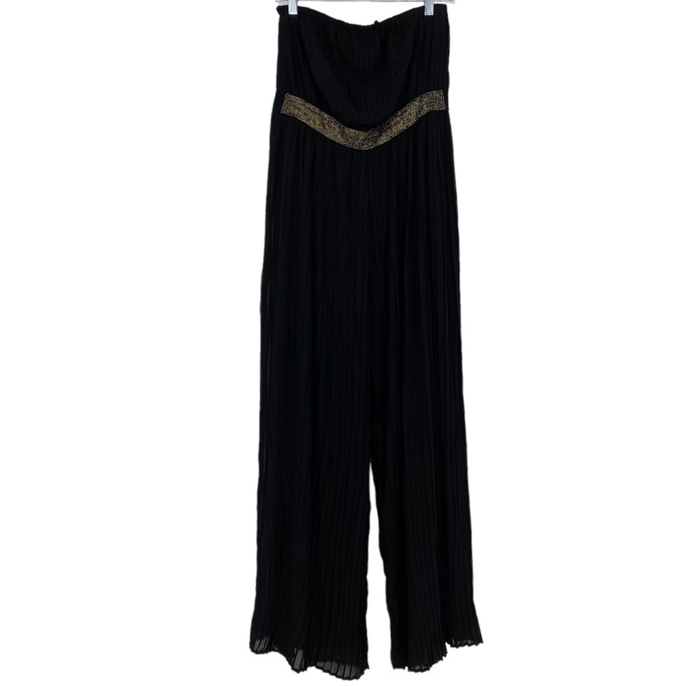 F21 black pleated beaded belt strapless wide leg jumpsuit, L